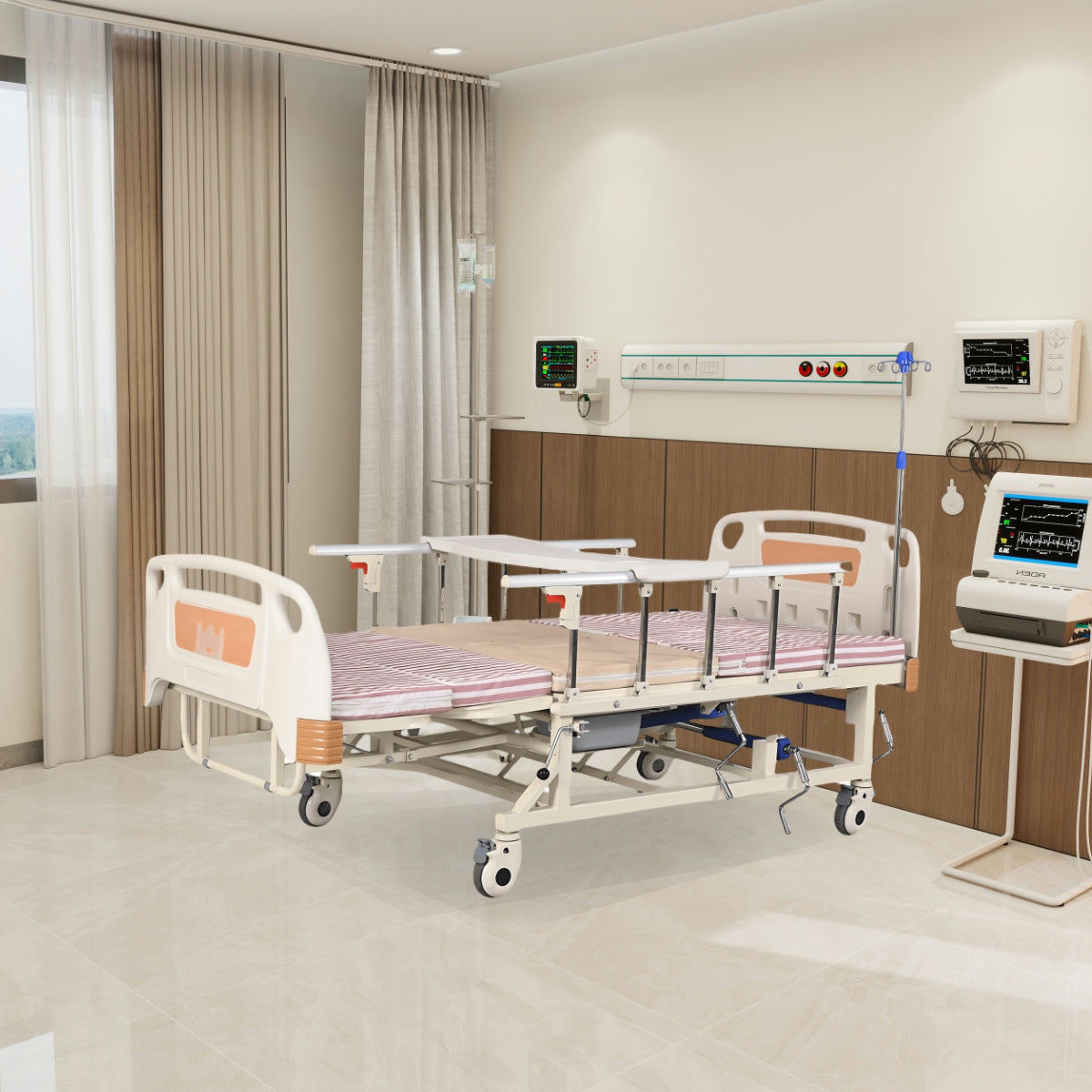 HCEC071 Healthcare Bed with Manual Multifunction and Lateral Turning - Homecare Bed Transfusion Pole and food tray